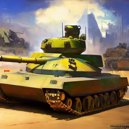 Image similar to greg manchess painting of a tank with an anime decal, organic painting, sunny day, matte painting, bold shapes, hard edges, street art, trending on artstation, by huang guangjian, gil elvgren, ruan jia, randy vargas, greg rutkowski