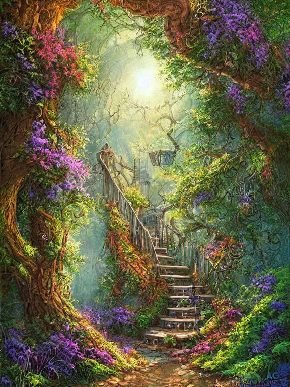 Image similar to digital painting detailed forest tree with door and stairs, magical forest flowers mushrooms painted by Ralph Horsley and dan mumford