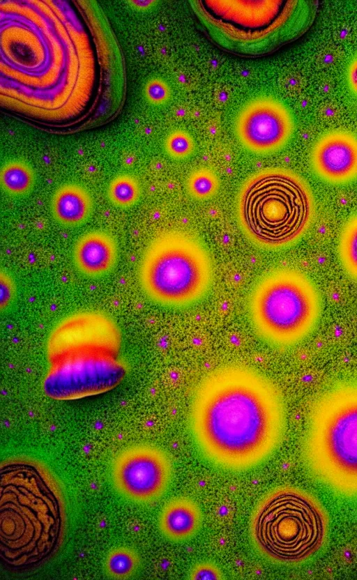 Prompt: looking down at trippy alien world with large psychedelic mushrooms