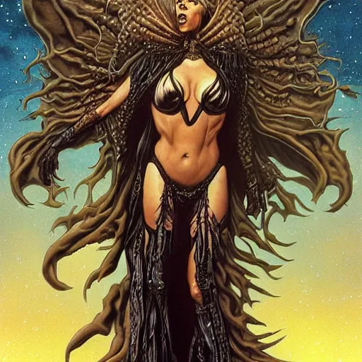 Prompt: a full length portrait of the galactic goddess of death at the end of everything, entropy the heat death of the universe, highly detailed photorealistic art by Peter Morbacher Gerald Brom Simon Bisley