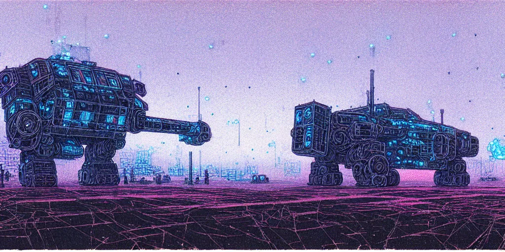 Prompt: grainy risograph matte painting of gigantic huge mech covered with wounds, black, pastel matte colors, staying in the foggy huge parking station, blue glowing fireflies, by moebius, hyperrealism, intricate detailed