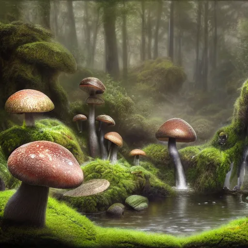 Prompt: tom bagshaw, soft painting render curiosities pond vegetation rocks gigantic mushrooms covered moss scintillating, beautiful waterfall, accurate features, focus, very intricate ultrafine details, random volumetric lighting, dense fog, award winning masterpiece, octane render 8 k hd, artstation