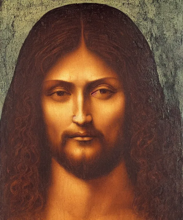 Image similar to portrait of mexican jesus, leonardo di vinci, painting