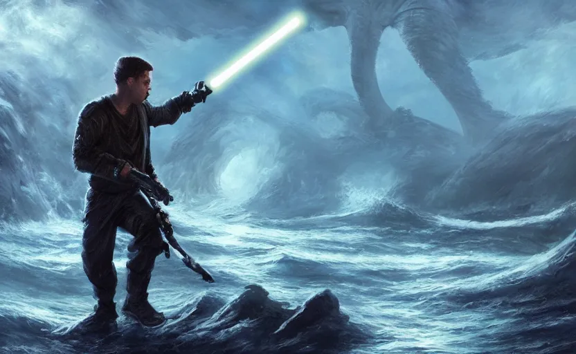 Image similar to mogan freeman with a lightsaber fighting cthulhu, water landscape, dramatic lighting, cinematic, establishing shot, long full body shot, extremly high detail, photorealistic, cinematic lighting, post processed, concept art, artstation, matte painting, style by greg rutkowsky