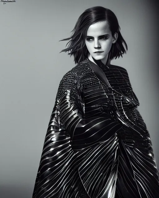 Image similar to emma watson wearing a futuristic metal kimono, half body portrait, greg kutkowski, sharp details, subsurface scattering, pearls of sweat, glistening skin, warm lighting