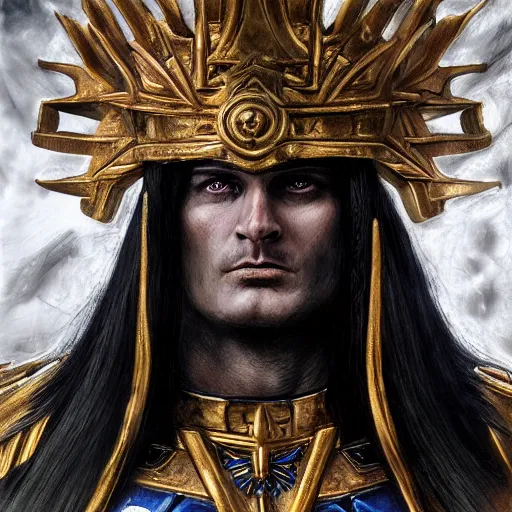 Image similar to the emperor of mankind, beautiful face, long black hair, a wreath on his head, digital painting, photo realism, super realistic detail, warhammer world 4 0, 0 0 0