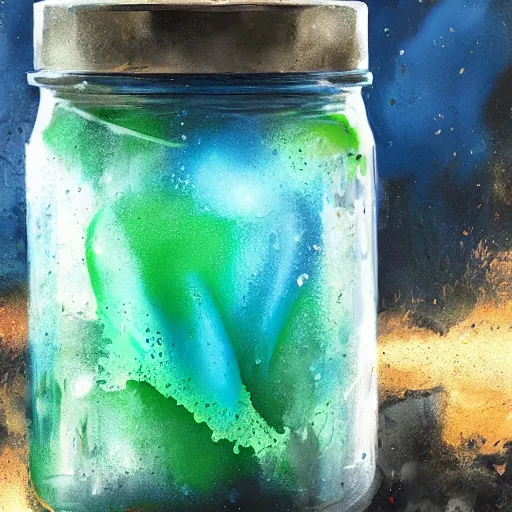 Prompt: green goo mixed with blue goo in a jar, Greg Rutkowski