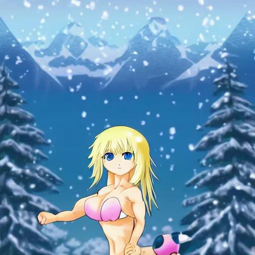 Prompt: bicolor - eyed blonde muscular anime girl in bikini riding a polar bear in the snowy mountains background