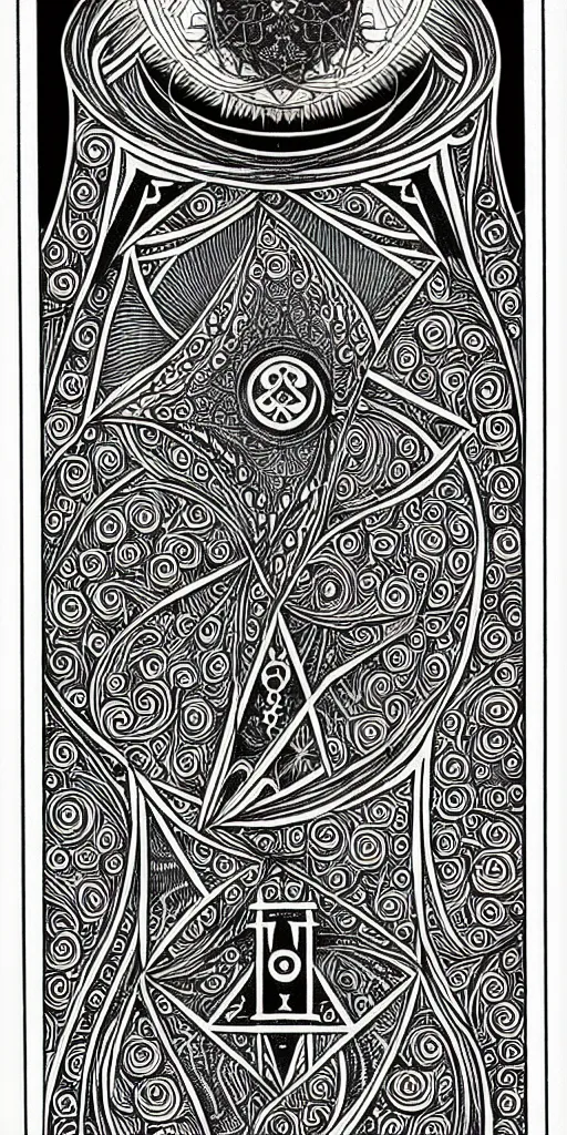 Image similar to a beautiful black and white fractal tarot card featuring bold occult imagery with clean lines. circuit board. detailed adult coloring book