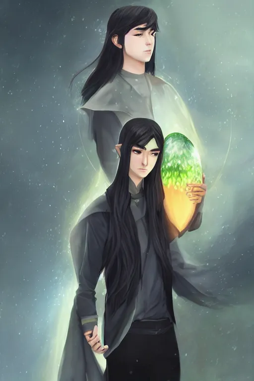 Image similar to portrait of elven teenage boy mage with long black hair holding dragon egg digital painting modern fantasy webtoon manhwa