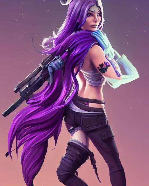 Image similar to beautiful female purple hair with dagger tattoo symmetrical face eyes full length fantasy art apex fortnite Video game icon, 2d game art gta5 cover , official fanart behance hd artstation by Jesper Ejsing, by RHADS, Makoto Shinkai and Lois van baarle, ilya kuvshinov, rossdraws