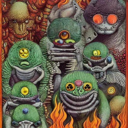 Image similar to futuristic bestiary of repressed emotion monsters and creatures starting a fiery revolution in the psyche, in the style of COdex Seraphinianus