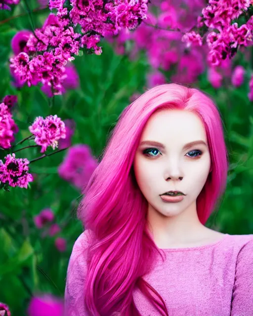 Prompt: beautiful girl, pink glowing hair, wind blowing, big eyes, cute, clear clean face, symmetrical face, blurry background, posing, high contrast, three quartered turned angle, surrounded by flowers