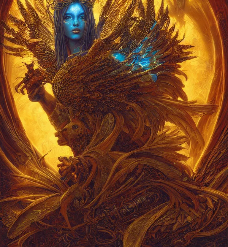 Image similar to a beautiful tarot card artwork of a cyberpunk seraphim in nature, backlit, highly detailed, golden hour, digital painting, by karol bak and justin gerard and dan mumford and artgerm, vivid colors, masterpiece, detailed shading, 8 k resolution, intricate, smooth