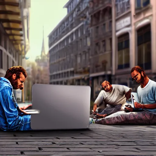 Image similar to a group of realistic bums using laptops near on street, highly detailed, intricate, sharp focus, digital art, 8 k