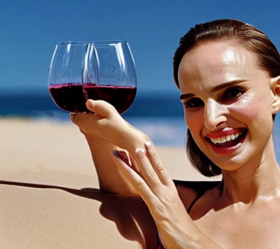 Prompt: color photo still of natalie portman drinking wine on the beach, sunny day, laughing, close up, detailed