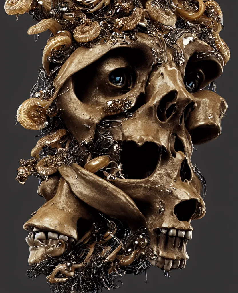 Image similar to goddess princess face close-up portrait ram skull. sculpture made of black clay and gold. jellyfish phoenix head, nautilus, orchid, skull, betta fish, bioluminiscent creatures, intricate artwork by Tooth Wu and wlop and beeple. octane render, trending on artstation, greg rutkowski very coherent symmetrical artwork. cinematic, hyper realism, high detail, octane render, 8k