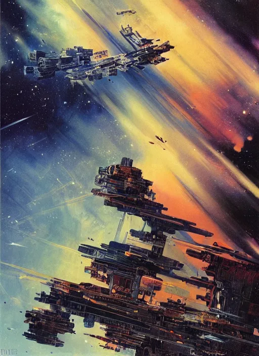 Image similar to spacious bg. minimalistic piece. simplified environment. lonely cosmos. single ship as main subject. masterpiece book cover illustration by the great famous sci - fi artist john berkey.