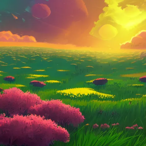 Prompt: green lush Field with beautiful flowers, aesthetic, calming, pink and yellow clouds in the sky, brightly illuminated by rays of sun, Clouds backlit by the sun, sunset ,artstation, colorful sylvain sarrailh illustration, by peter chan, day of the tentacle style 1024x768