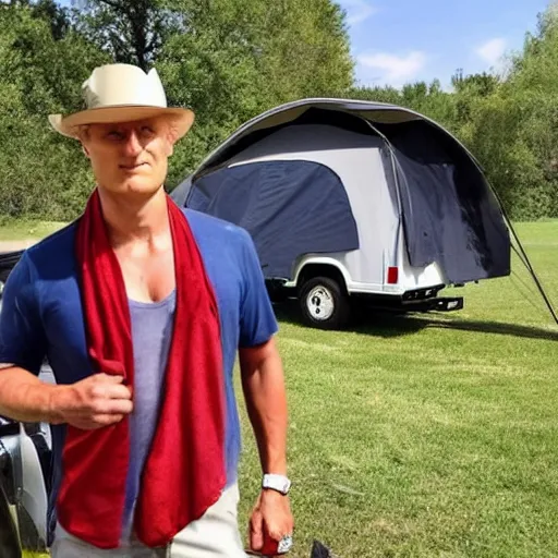 Image similar to a man who is a combination of woody Harrelson and Mathew McConaughey is wearing a red bandana and trying to sell you a tent trailer