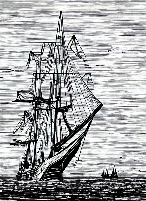 Prompt: photo realistic galleon sailing into sunset, art by james o barr, steel engraving, black and white, vector, vector art