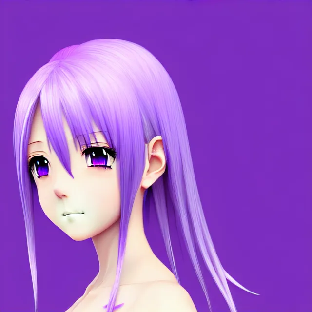 Image similar to a 3 d anime girl with lavender hair, purple eyes and white dress, profile photo, digital artwork, very beautiful face, extremely detailed