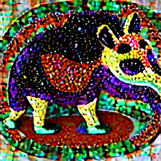 Image similar to mosaic sculpture of a alebrije chimera!!!, irregularly shaped mosaic tiles, hand glazed pottery shards, in the style of folk art, in a cottagecore flower garden