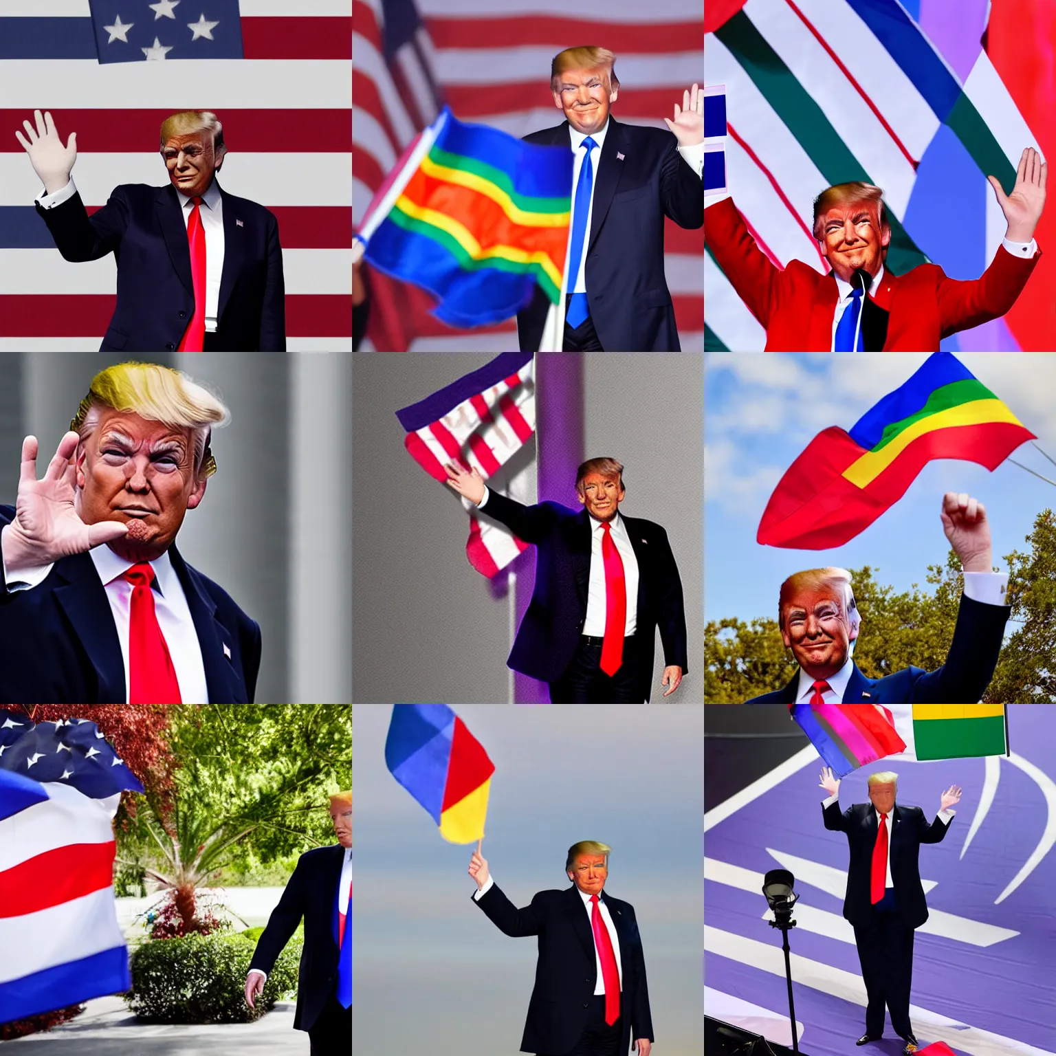 Prompt: stunning photo of donal trump waving pride flag