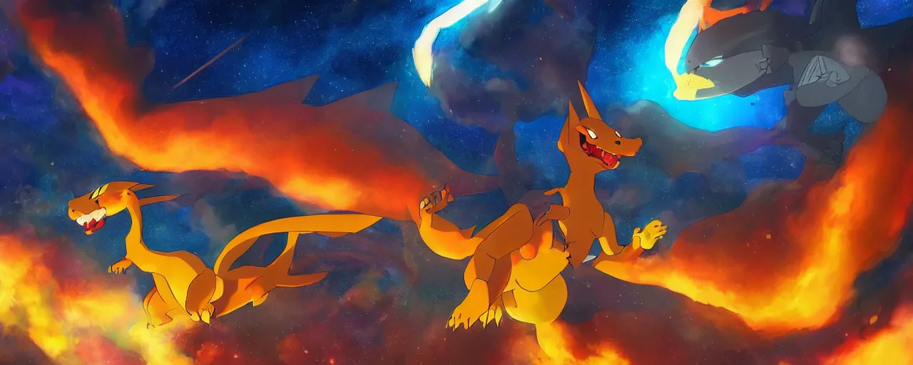 Prompt: charizard, dramatic rear lighting, space, cosmos, planet earth, vibrant colors, atmosphere, spectacular details, dramatic lighting, epic composition, wide angle, low angle, close up, by miyazaki, nausicaa ghibli, spirited away