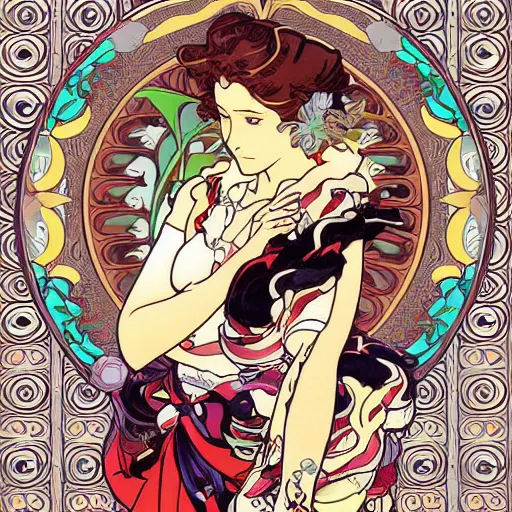 Prompt: anime manga ornaments illustration style by Alphonse Mucha and James Roper pop art pattern nouveau