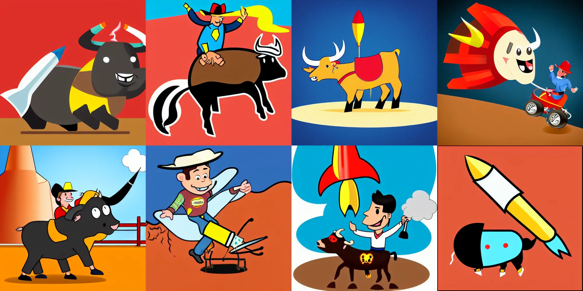 Prompt: a cartoon bull riding a rocket there there is a trail of smoke coming from the rocket the bull has twisted smile, cell shaded, flat lighting, drop shadows, bull riding a rocket