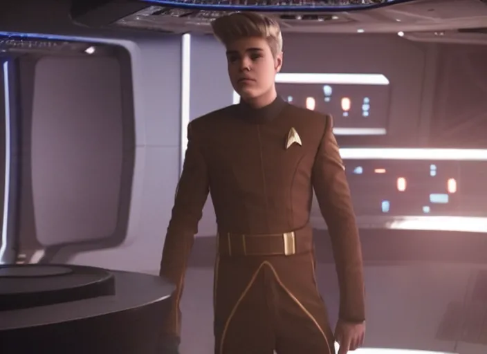 Image similar to Justin Bieber plays as captain in Star Trek Discovery, engine room and warp core in the background, 35mm photography, highly detailed, cinematic lighting, 4k