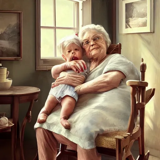 Prompt: epic cinematic hyperrealism masterpiece where a very old woman appears sitting on a rocking chair hugging a 3 year old girl both are white. realistic poster with shaded lighting by craig mallismo, artgerm, jeremy lipkin and michael garmash, unreal engine, radiant light, detailed and complex environment, digital art, art station trends