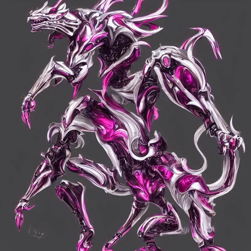 Image similar to highly detailed exquisite fanart, of a beautiful female warframe, but as an anthropomorphic elegant robot female dragon, shiny and smooth off-white plated armor engraved, robot dragon head with glowing eyes, Fuchsia skin beneath the armor, sharp claws, long sleek tail behind, robot dragon hands and feet, standing elegant pose, close-up shot, full body shot, epic cinematic shot, professional digital art, high end digital art, singular, realistic, DeviantArt, artstation, Furaffinity, 8k HD render, epic lighting, depth of field