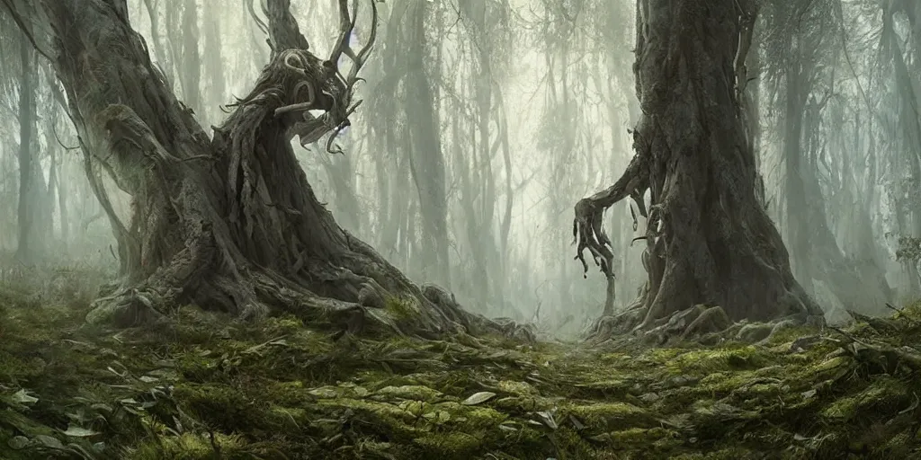 Image similar to evil treebeard walking in an ancient forest, greg rutkowski, 8 k, shallow depth of field, ultra high detail, concept art,