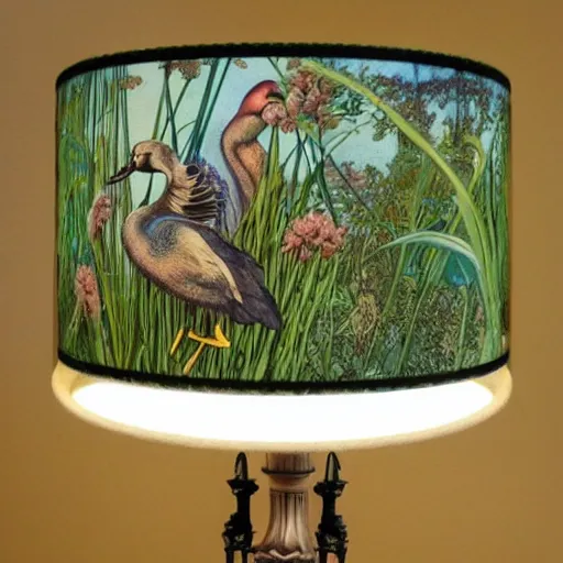 Prompt: beautiful victorian art nouveau duck lampshade, river reeds duckweeds close up abstract mallard feathers, mucha tiffany kilian eng