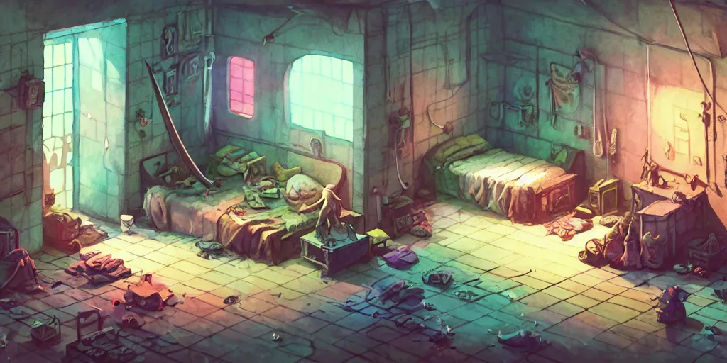 Image similar to room in the sewers, the room is messy and unorganized, bed is not made, sword clothes and posters everywhere, detailed, artstation, 8 k, sci - fi, pastel colors, props, panel, concept, simon stalenhag, in watercolor gouache detailed paintings, moebius, blueprint, building, living room, detailed, posters, sofa