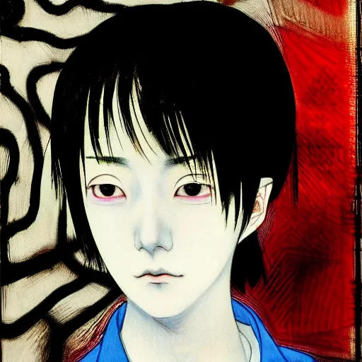 Image similar to yoshitaka amano blurred and dreamy realistic three quarter angle portrait of a young woman with short hair and black eyes wearing office suit with tie, junji ito abstract patterns in the background, satoshi kon anime, noisy film grain effect, highly detailed, renaissance oil painting, weird portrait angle, blurred lost edges