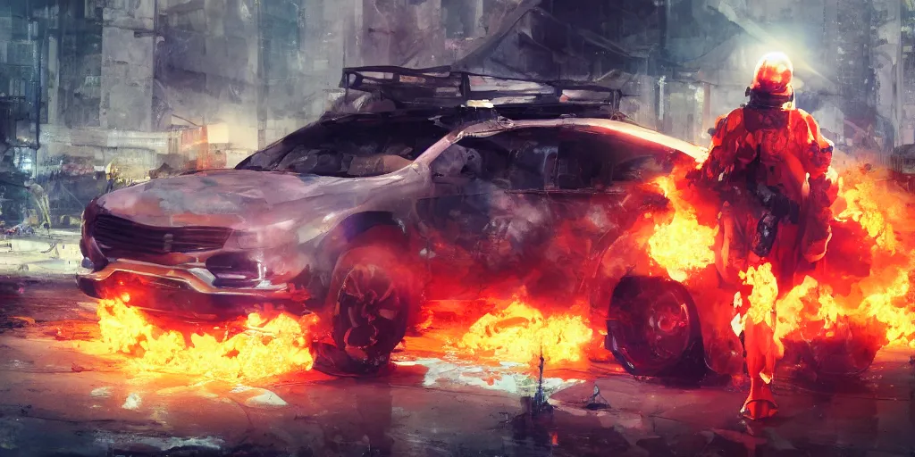 Prompt: hazmat suit soldier with a visible aura floating above car on fire by yoji shinkawa, katayama bokuyo, agnes cecile, character concept art, vibrant colors, 8 k epic scene