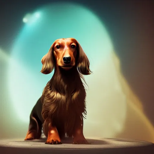 Prompt: portrait of long haired daschund, concept art, cinematic lighting, beeple,