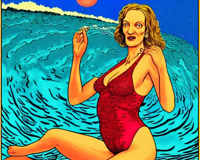 Image similar to uma thurman swimming in the ocean depths, cosmic horror painting, elegant intricate digital painting artstation concept art by basil wolverton by robert crumb by william eggleston detailed