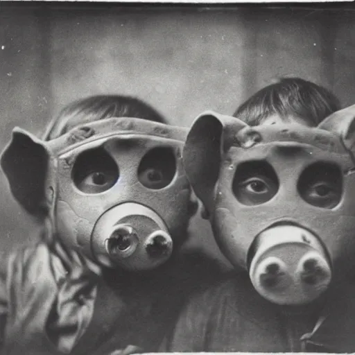 Image similar to portrait of children wearing pig masks, photograph, style of atget, 1 9 1 0, creepy, dark