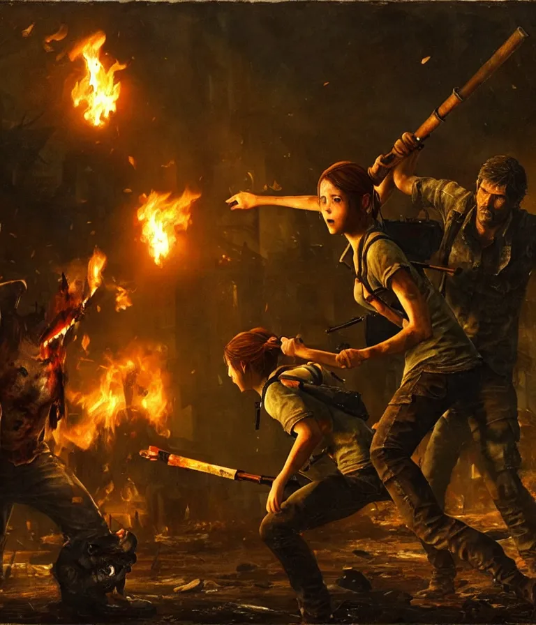 Image similar to a still of The Last Of Us II of Ellie fighting with zombies and painted by Edwin Landseer ( 1837 ), night scene with fire torches.