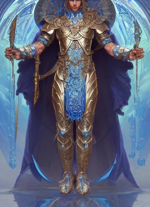 Image similar to a god of water wearing blue armor, with hands and hair turning into wearing, fantasy, intricate, elegant, highly detailed, digital painting, artstation, concept art, wallpaper, smooth, sharp focus, illustration, art by artgerm and greg rutkowski and alphonse mucha