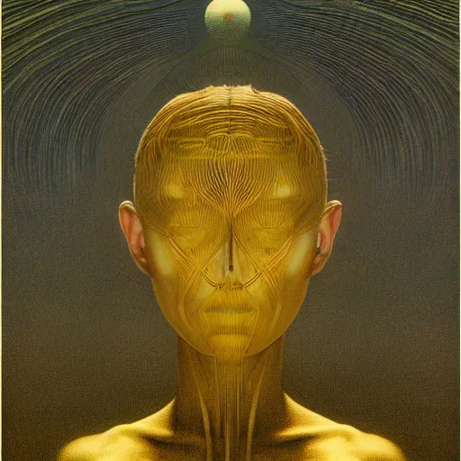 Prompt: masterpiece, Thom Yorke, yellow, golden halo behind her head, wires everywhere, by Edgar Maxence and Ross Tran, Zdzisław Beksiński, and Michael Whelan, distant, gustav dore, H.R. Giger, 8k, octane render