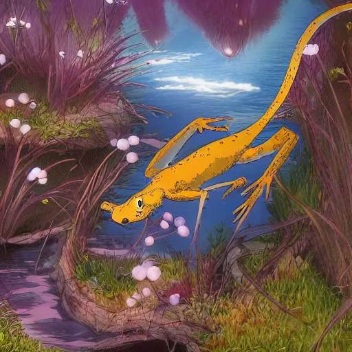 Image similar to anime, sharp focus, breath taking beautiful, Aesthetically pleasing, newts, happy, funny, silly digital concept art by Hayao Miyazaki and Studio Ghibli, fine art, high definition, HDR, HD, 8K, award winning, trending, featured, masterful, dynamic, energetic, lively, elegant, Richly textured, Richly Colored, masterpiece.