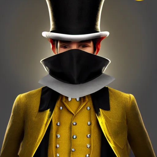 Image similar to a highly detailed portrait of a man in a high top hat covering his face, in a black tailcoat with a yellow waistcoat under the tailcoat, artstation, deviantart, professional, unreal engine 5, photorealistic