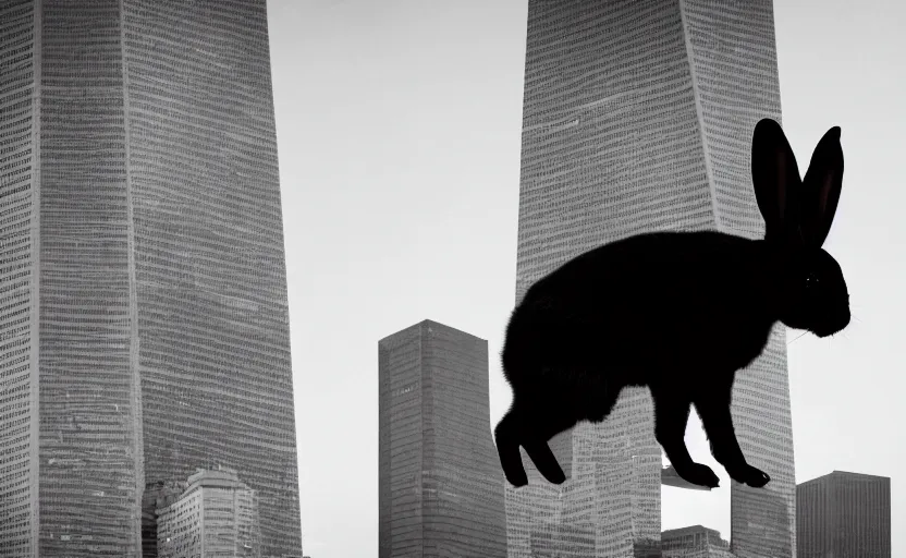 Image similar to a photo of a black bunny with white spots walking on a tightrope between the twin towers