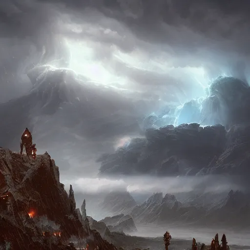 Image similar to a beautiful stunning insanely detailed complex matte painting of a robot wanderer looking at a storm in the distance. mountains, epic scale, vast, by Greg Rutkowski, artstation