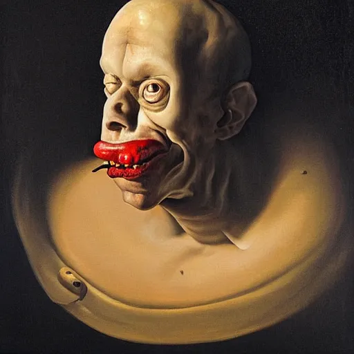 Image similar to oil painting with black background by christian rex van minnen rachel ruysch dali todd schorr of a chiaroscuro portrait of an extremely bizarre disturbing mutated man with acne intense chiaroscuro cast shadows obscuring features dramatic lighting perfect composition masterpiece